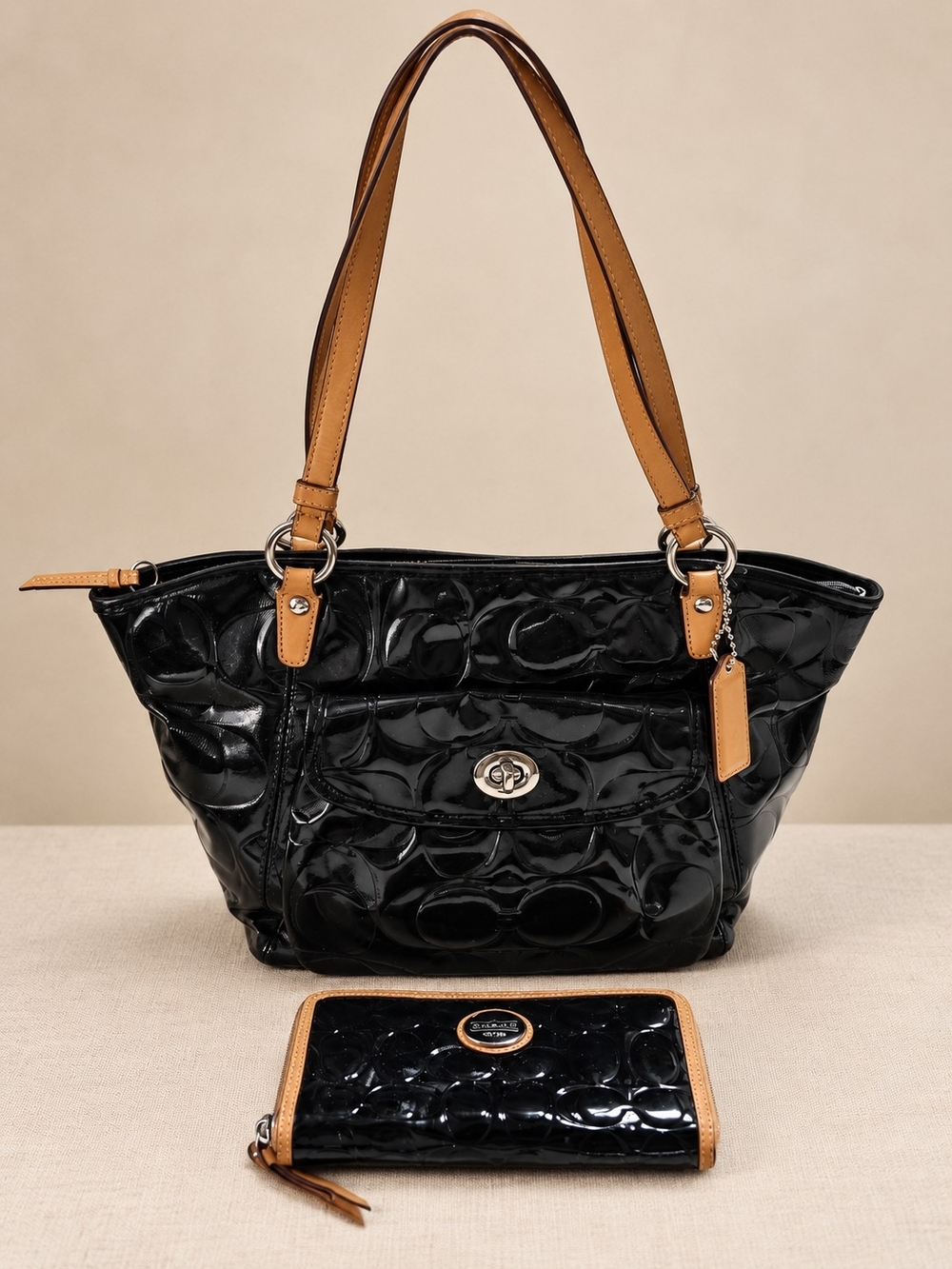 Coach Black Patent Signature Shoulder Bag With Matching Wallet